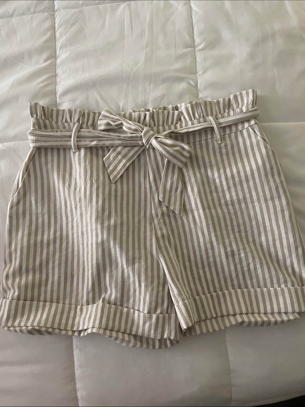 Amaryllis Striped Paperbag Waist Shorts - Beige and White